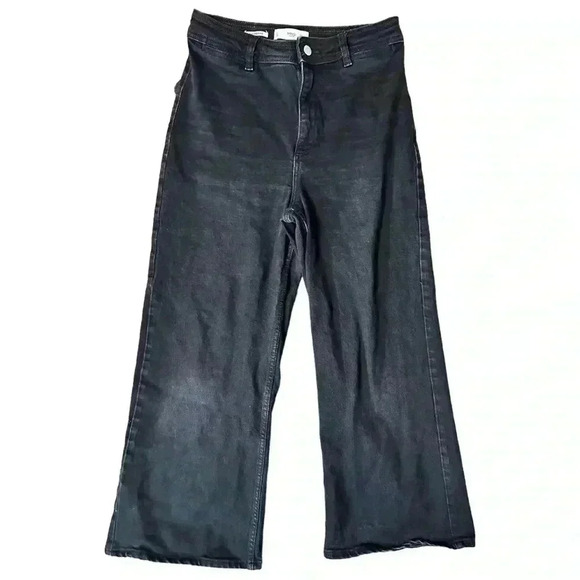 MNG Mango Size 6 Faded Black Cotton Denim High Rise Wide Leg Jeans - Picture 1 of 6